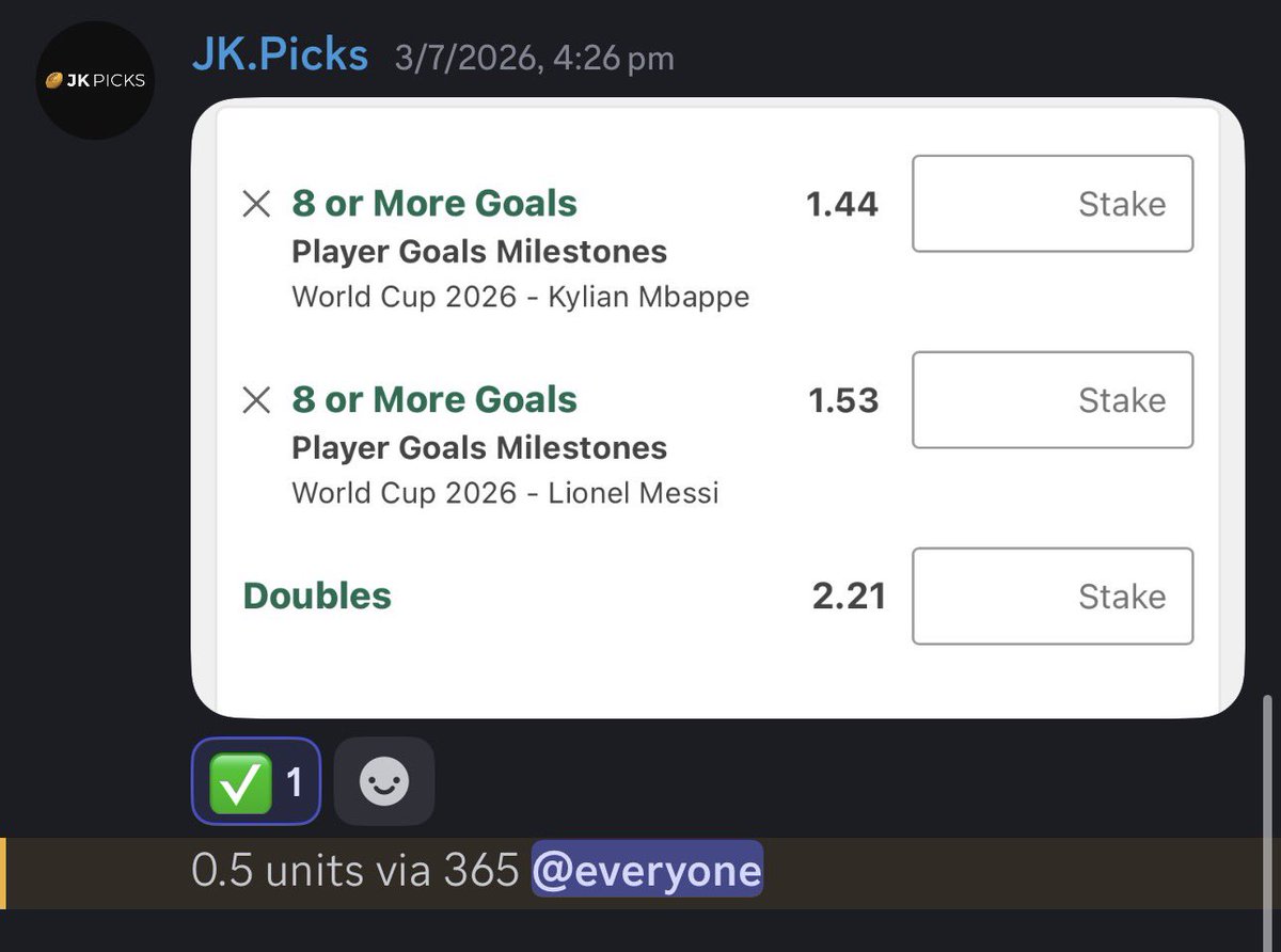 JK__Picks's tweet photo. Absolutely sweat free future cashes over on the discord!!

#mbappé #Messi #WorldCup #Gambling𝕏 #Sports #Football #Soccer #USA https://t.co/qeSQgqR4Ki