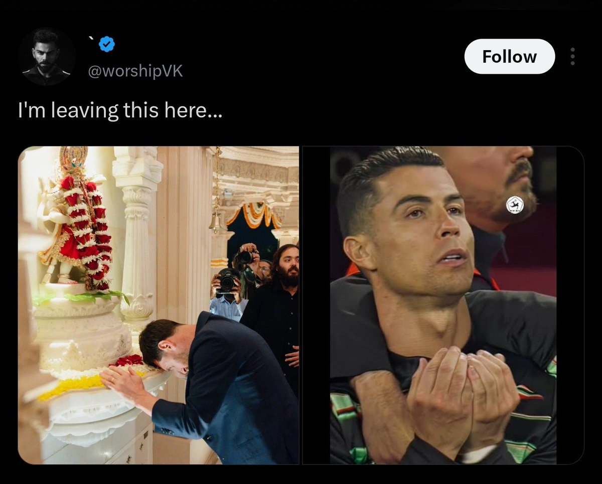 softspoken04's tweet photo. Messi was still GOAT before visiting Ram Mandir. Ronaldo is leading goal scorer &amp; among the best players of all time. Meanwhile, no Hindu player every played FIFA WC, nor have India ever qualified for it despite 1.5 billion population. Also, 4 Muslim players have won Ballon d'Or https://t.co/3EbkOrNSVT