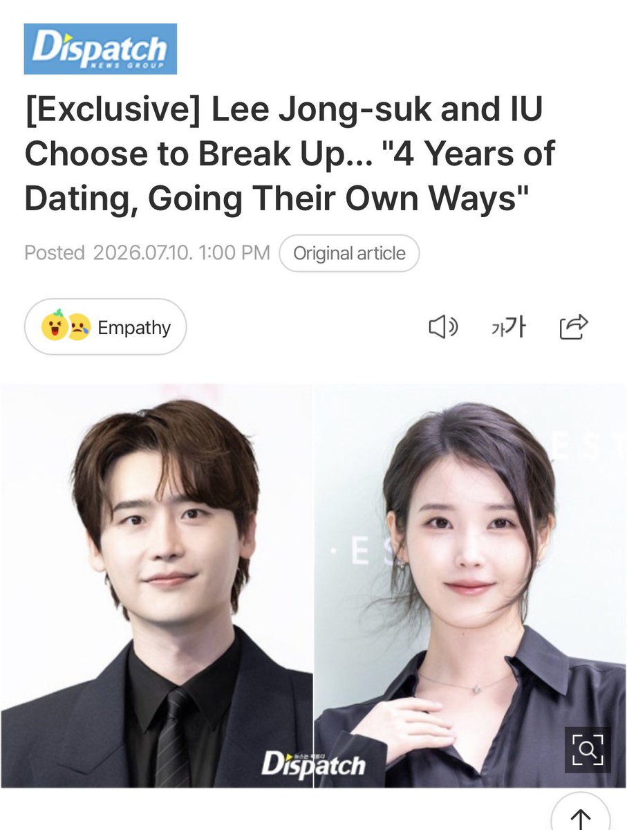 kyuapplepie's tweet photo. Lee Jongsuk and IU broke up news 🥲

—
However, they were too busy to continue their relationship. A source close to the couple hinted, "They ended their relationship as their meetings became less frequent due to their busy schedules."

—
https://t.co/58eT9SB7ZZ https://t.co/irWjHoFx0m