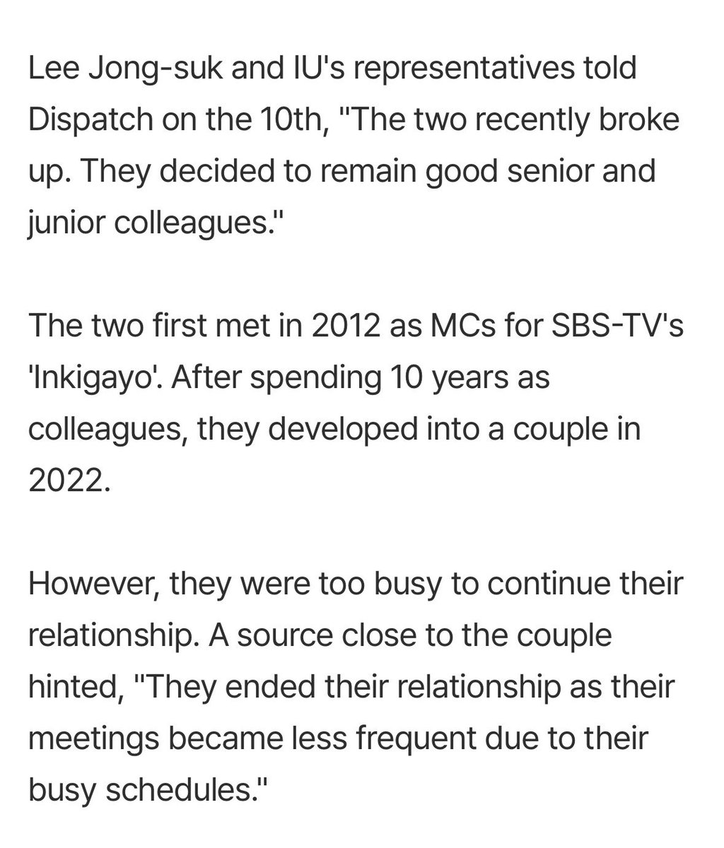 kyuapplepie's tweet photo. Lee Jongsuk and IU broke up news 🥲

—
However, they were too busy to continue their relationship. A source close to the couple hinted, "They ended their relationship as their meetings became less frequent due to their busy schedules."

—
https://t.co/58eT9SB7ZZ https://t.co/irWjHoFx0m