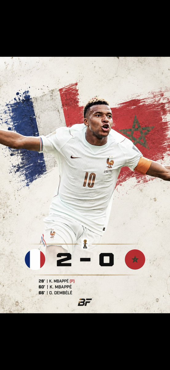 BetFollowApp's tweet photo. 🇫🇷 France 2–0 Morocco.
Mbappé inspired another composed performance as France secured a comfortable victory. Control, quality, and momentum continue to build heading into the next stage.
Who was your Player of the Match? 👇
#WorldCup #France #Morocco #Football #FIFA #BFApp #soccer