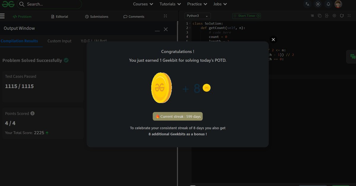 akashasahu07's tweet photo. Day - 599
Solved todayβs POTD β
Counted the number of ways to represent a number as the sum of two or more consecutive natural numbers π’π»
#GeeksforGeeks #POTD #DSA #1000DaysOfCode #CodingJourney https://t.co/qgeE0dktcu