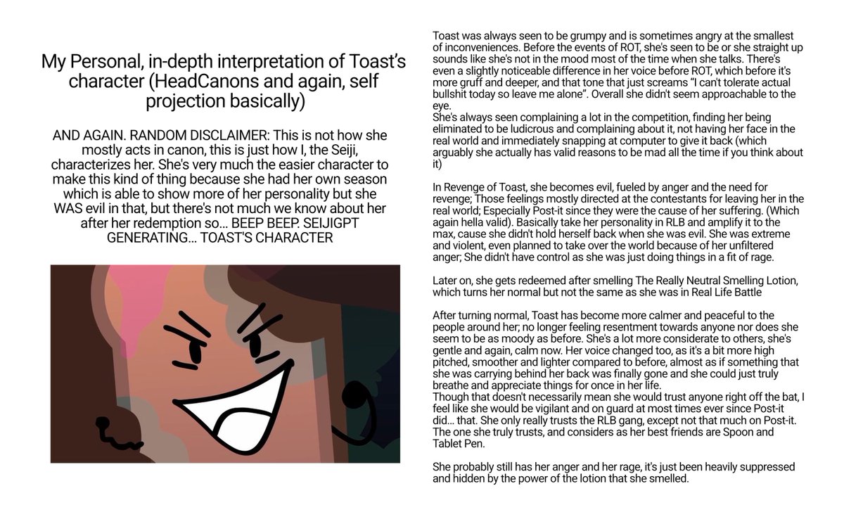 si74c's tweet photo. I got bored and I wrote so much shit about Toast and Spoon,,, (characters who had limited screentime from a joke show btw)
#TDOS #objectshowcommunity https://t.co/db4CGs7YLi