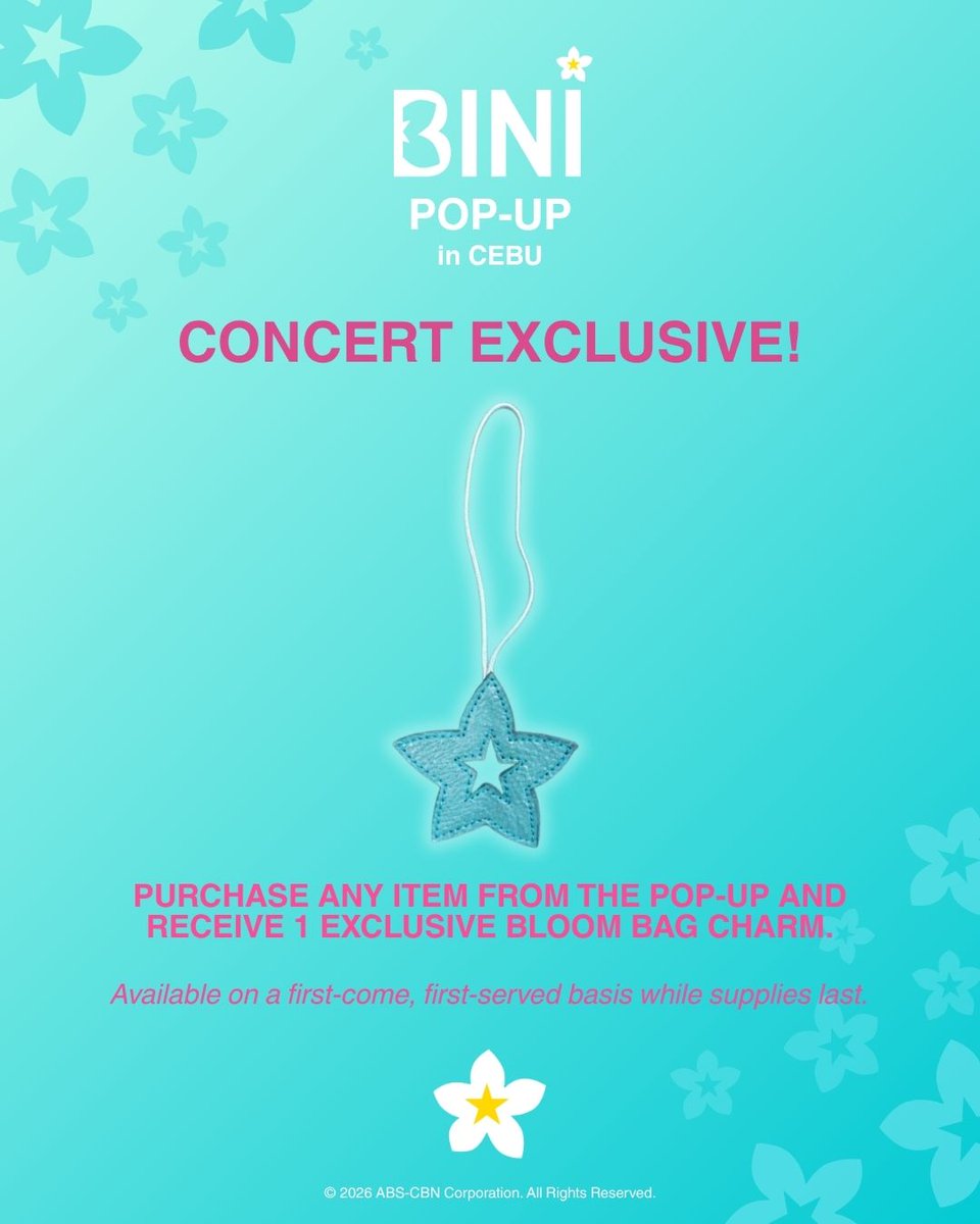 apopcollections's tweet photo. BINI POP-UP in CEBU

CONCERT EXCLUSIVE

We’ve got something for you this July 11, Blooms!

Ari na dayon mo to be part of the first 500 to get an exclusive Bloom bag charm with your purchase. 🌸

See you!~

🗓 July 4 - 18, 2026
⏱ Weekdays: 10:00 AM - 9:00 PM
⏱ Weekends: 10:00 AM - 10:00 PM
Hours may vary depending on mall operating hours
📍Upper Ground Level, Cube Wing, SM City Seaside Cebu

#BINI #BINI_POP_UP