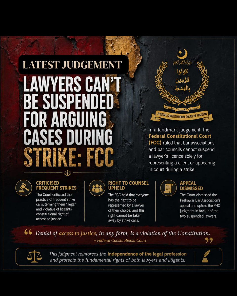 FCCP_pakistan's tweet photo. FCCP has ruled that frequent strike calls cannot deprive litigants of legal representation. Lawyers cannot be suspended for appearing in court or representing clients during strikes, reinforcing constitutional guarantees of access to justice and the right to practice a profession https://t.co/DvJksfvXDU