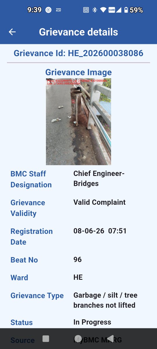 sipaniamit's tweet photo. @CMOMaharashtra @AshwiniBhide @mybmc @mybmcWardHE Grievance Id HE_202600038086 Complaint Date 08.06.2026 Still in progress... How many days will it take clear..... https://t.co/fHzwUj2fp4