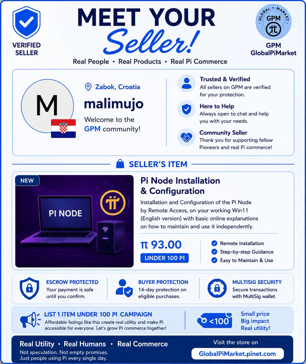 globalpimarket's tweet photo. 🇭🇷 Meet Your Seller – Malimujo 🇭🇷
Welcome Malimujo from  Croatia to the GPM community! 🇭🇷
Looking for help setting up your Pi Node?
Malimujo offers remote Pi Node installation and configuration for just 93 Pi—including basic guidance so you can maintain and use your node independently after setup.
💜 Part of our "List 1 Item Under 100 Pi" campaign!
Affordable services like these help grow real Pi utility by making everyday transactions accessible to more Pioneers.
Browse the listing, start a chat, and support fellow community members building the Pi ecosystem.
Real Utility • Real Humans • Real Commerce
GPM GlobalPiMarket
List 1 item under 100 Pi and help grow Pi utility—one transaction at a time.