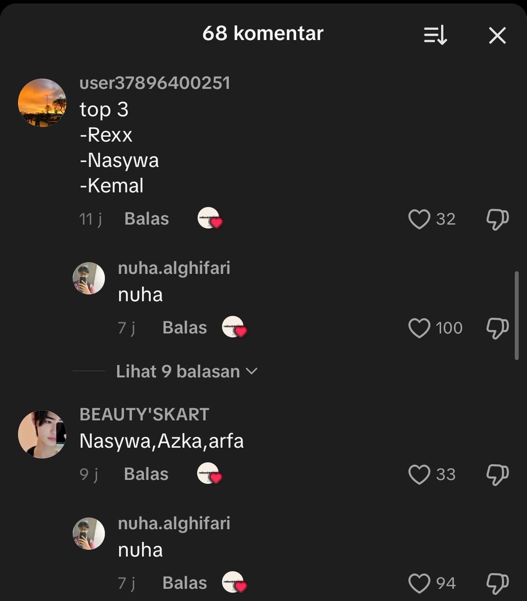 nuufi___'s tweet photo. ada konten prediksi top 3 coc, terus isinya nuha reply nama dia sendiri di setiap komenan netizen😭😭😭 https://t.co/wQnDV1zbSC