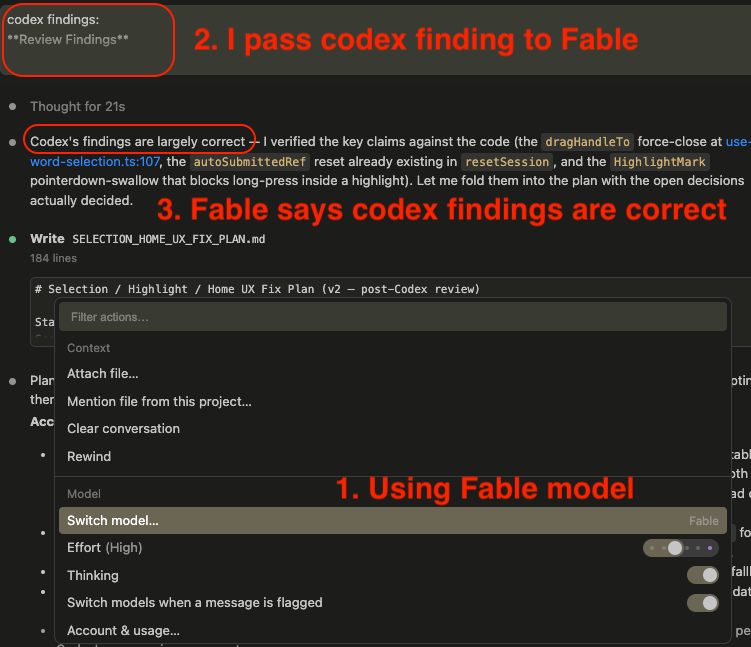pravishanth's tweet photo. I get one agent to review the other's work especially large code implementations, here @OpenAI codex reviews @claudeai fable's work and finds mistakes which fable accepts. @garrytan's gstack has this built in.
I repeat this loop (i.e go back to codex and get a second review and pass it back to fable), until there are no more issues or until its satisfactory. 
Usually 2 to 3 passes should be fine.