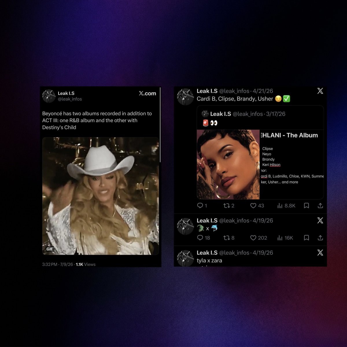 beyscatalog's tweet photo. 🚨 An insider has revealed that Beyoncé recorded an R&amp;B album concurrently with a new Destiny’s Child album, in addition to the upcoming Act III album.

This insider has accurately identified aspects of other artists releases on numerous occasions. https://t.co/DQ5IwCYa0j