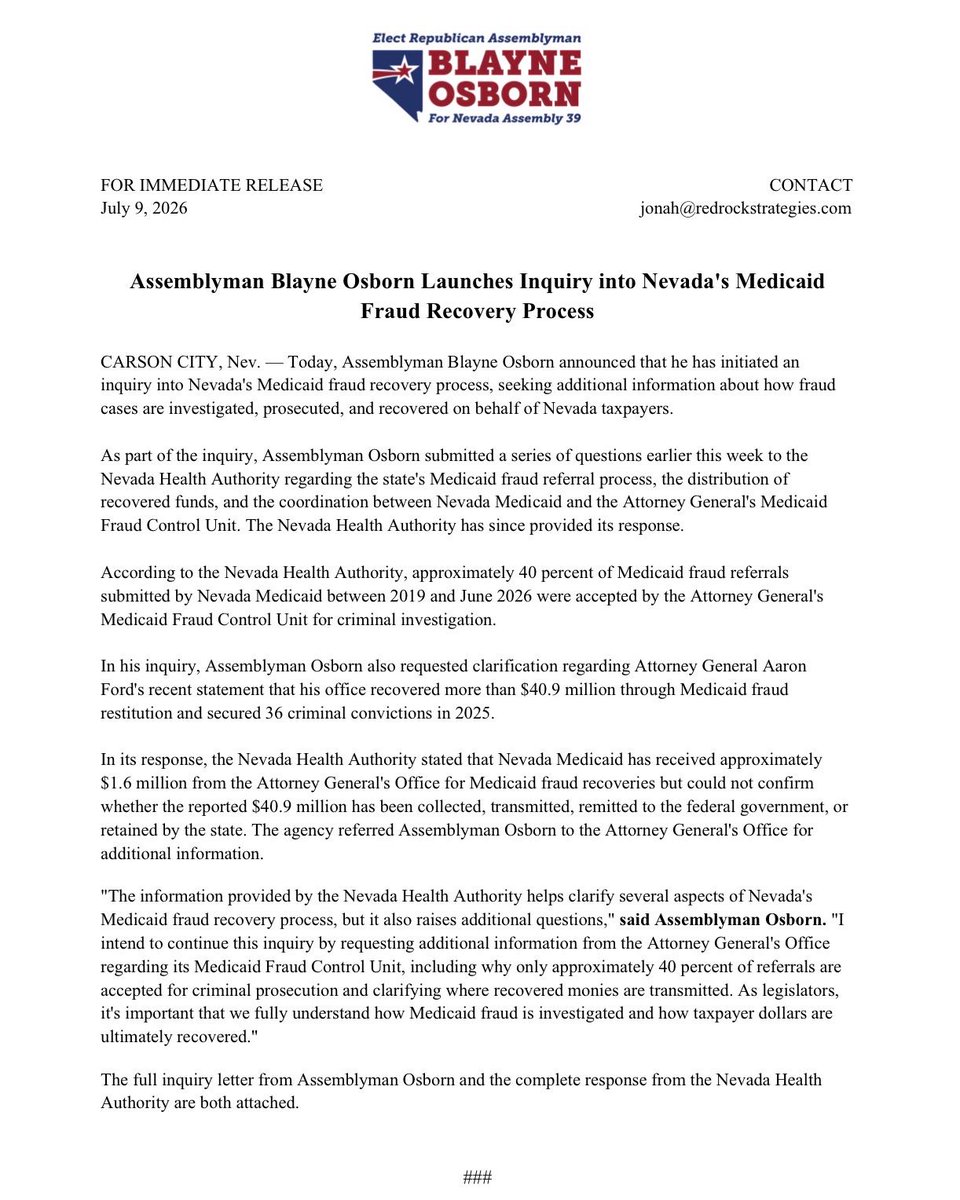 NVGOPAssembly's tweet photo. Assemblyman @BlayneOsborn is demanding transparency on Medicaid fraud, recoveries, and taxpayer dollars.
Thank you Assemblyman for leading the way for more transparency. https://t.co/hWUznIO4fc