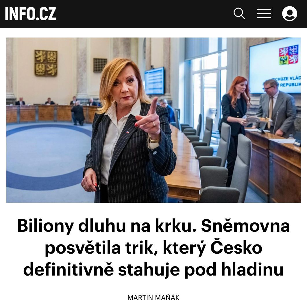 infocz_web's tweet photo. Česko padá do dluhové propasti a vláda tomu ještě tleská! 📉 Sněmovna definitivně schválila fintu, která legalizuje rozpočtovou kamufláž. Obří sekery za dálnice nebo obranu se nově nebudou počítat do oficiálního deficitu. Státní dluh sice příští rok nabobtná na nesplatitelné 4 biliony korun a na úrocích vykrvácíme, ale kabinet raději ohýbá zákony, než aby šetřil. Po nás potopa v přímém přenosu. Komentář Martina Maňáka. 🧾👇 

https://t.co/Ibgn7ycyTs 

#infocz #statnidluh #politika #rozpocet