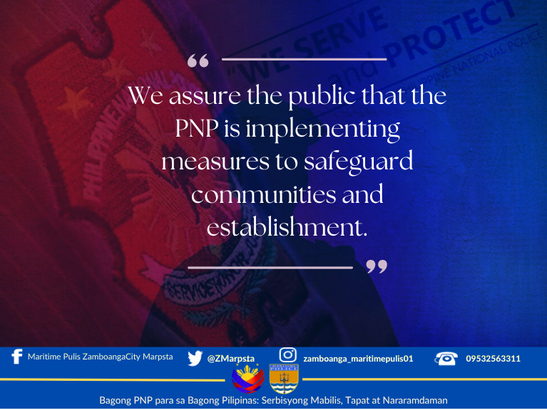 ZMarpsta's tweet photo. We assure the public that the PNP is implementing measures to safeguard communities and establishment.

#ToServeandProtect
#ByLandAndSeaWeOvercome
#BagongPNPparasaBagongPilipinasSerbisyongMabilisTapatatNararamdaman https://t.co/HLKSC2S90Q
