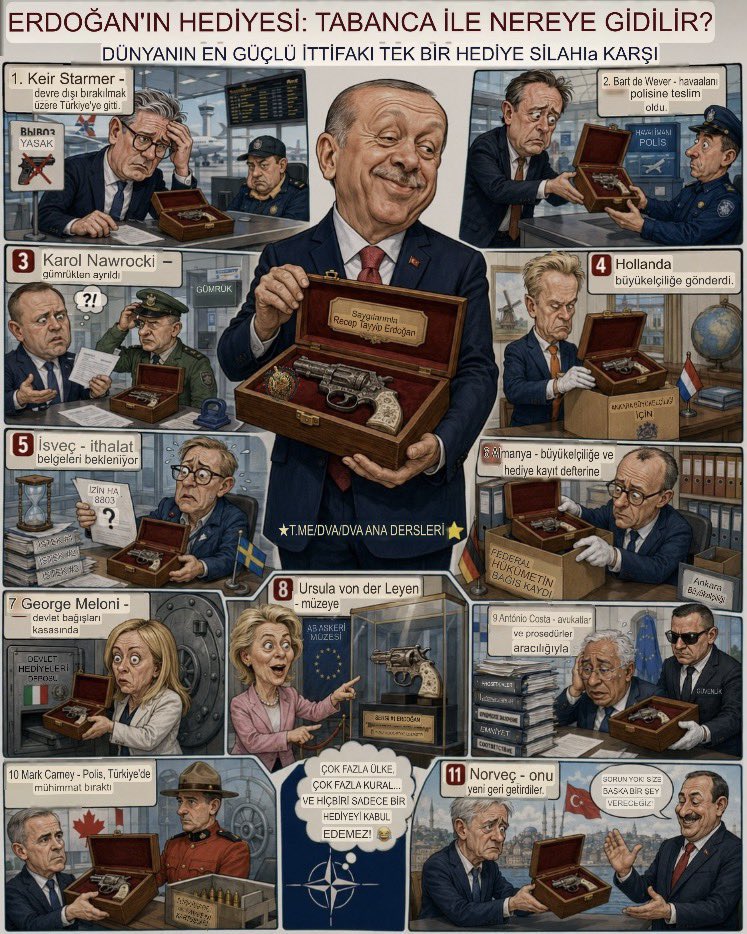 TwitBakani's tweet photo. Trump:

My friend Erdogan gave me this TREMENDOUS revolver. Beautiful gun, right Peter? Some European leaders couldn’t even get it into their own countries. Can you believe it? Maybe he should have given them water guns instead! I don't know how these guys are going to defend Europe.