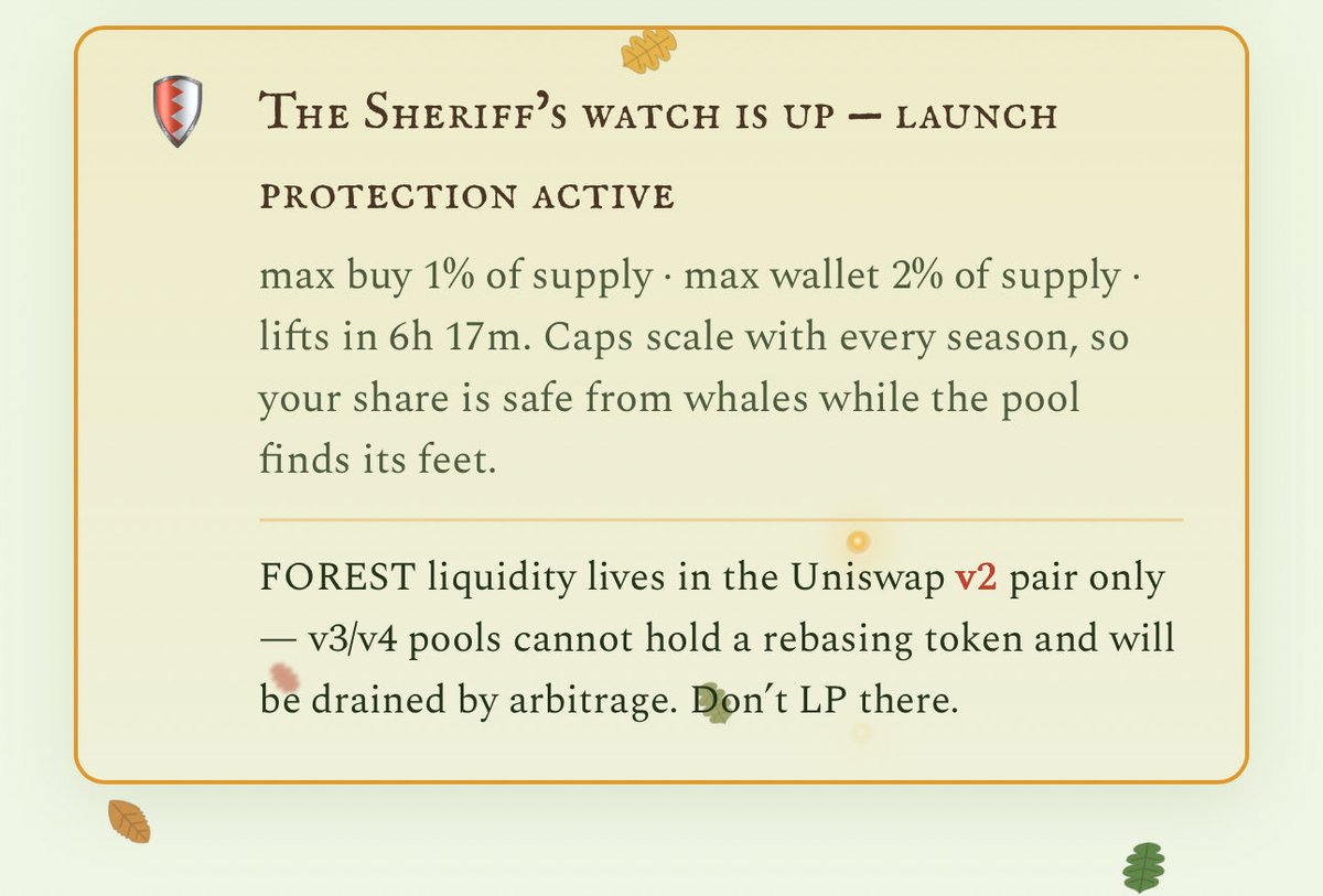 0xForesting's tweet photo. 6hrs left of the Sheriffs watch anti-whale guard - idea was to incentivize folks to use grow-LP but alas it’s not 2021 kek

when the guard lifts buy $FOREST to your hearts desires, there is however only 128 circulating supply with the rest sitting in the grow-LP ownerless treasury for bonding rewards upto 108% for growing the LP.
