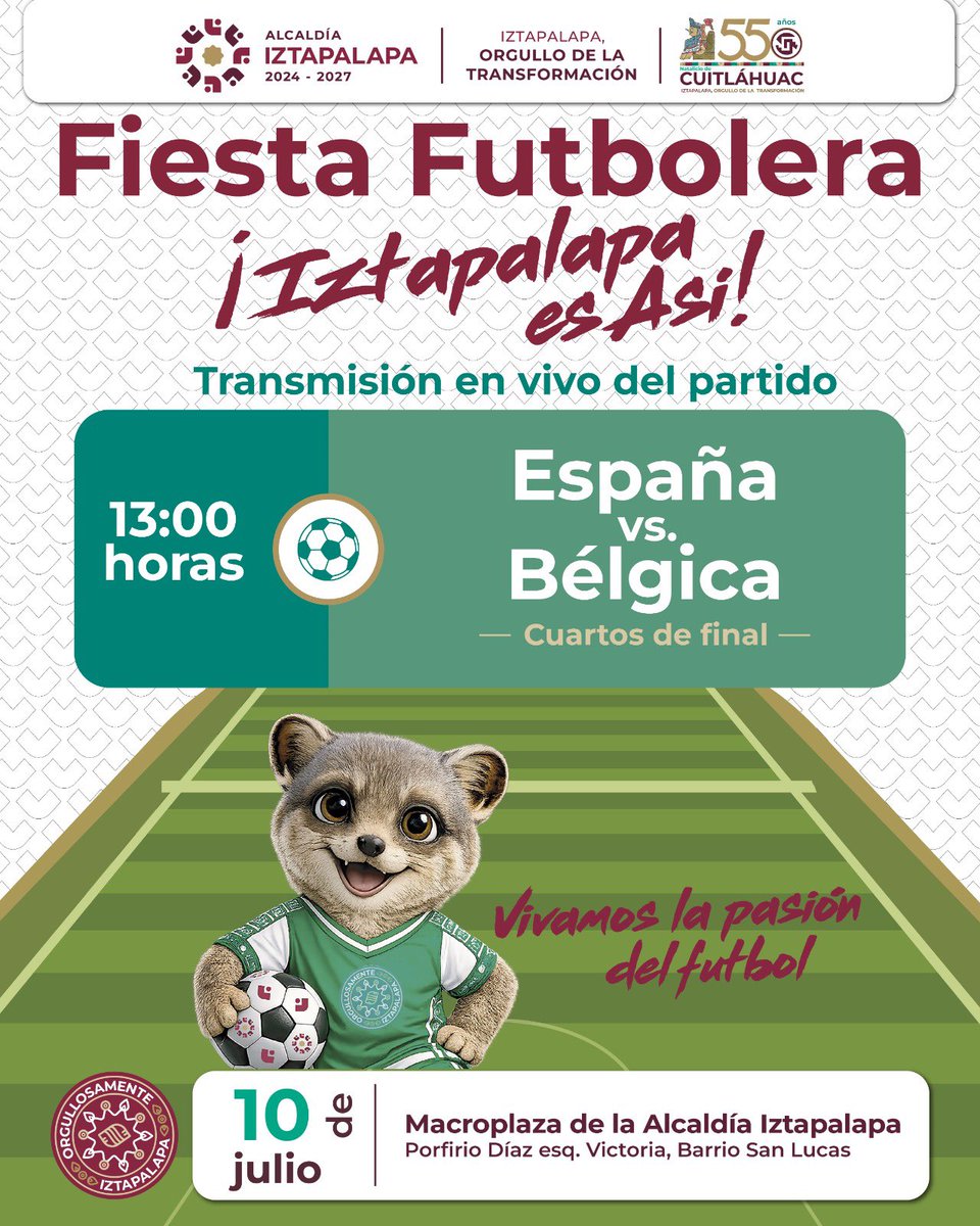 ALEIDAALAVEZ's tweet photo. ¡La Fiesta Futbolera en Iztapalapa no se detiene!

Asiste este 10 de julio a disfrutar la transmisión del super partido entre España y Bélgica en la Explanada  del Jardín Cuitláhuac a las 13:00 horas.
Asiste en compañía de tu familia y amigos, llénate de emoción y grita cada gol con nosotros.  

#IztapalapaEsAsí