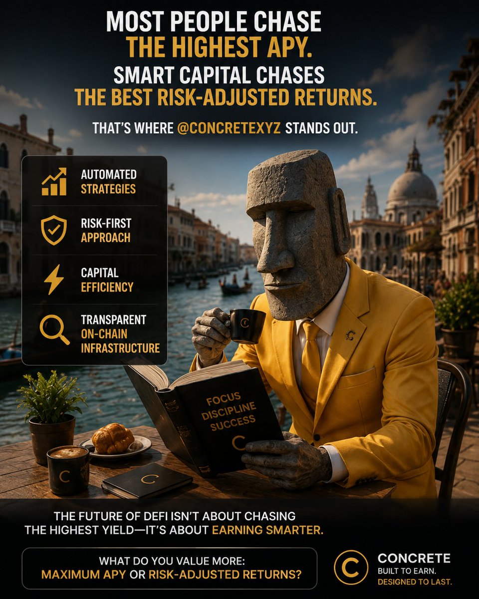 Naruto077h's tweet photo. Most people chase the highest APY

Smart capital chases the best risk-adjusted returns.
That's where @ConcreteXYZ stands out.

Instead of constantly moving funds between protocols, Concrete automates yield optimization through professionally managed vaults https://t.co/8N3SFgm44b