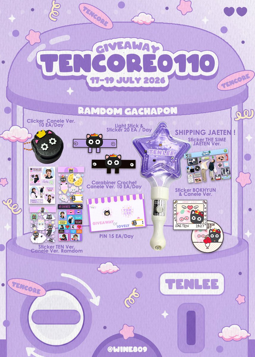 Wine809's tweet photo. 🙇🏼‍♀️ Pls kindly rt 🙇‍♀️
💜Giveaway for 10vely 💜
🎰GACHAPON *Random*
  ( 17 -  19 july 2026 )  
📍location : bitec live  ⏱️Time : tba  
 🐈‍⬛rt &amp; show this tweet ⋆ 
#TENCORE0110iscalling 
#TENCORE0110Concert https://t.co/1MxmdLrFMZ