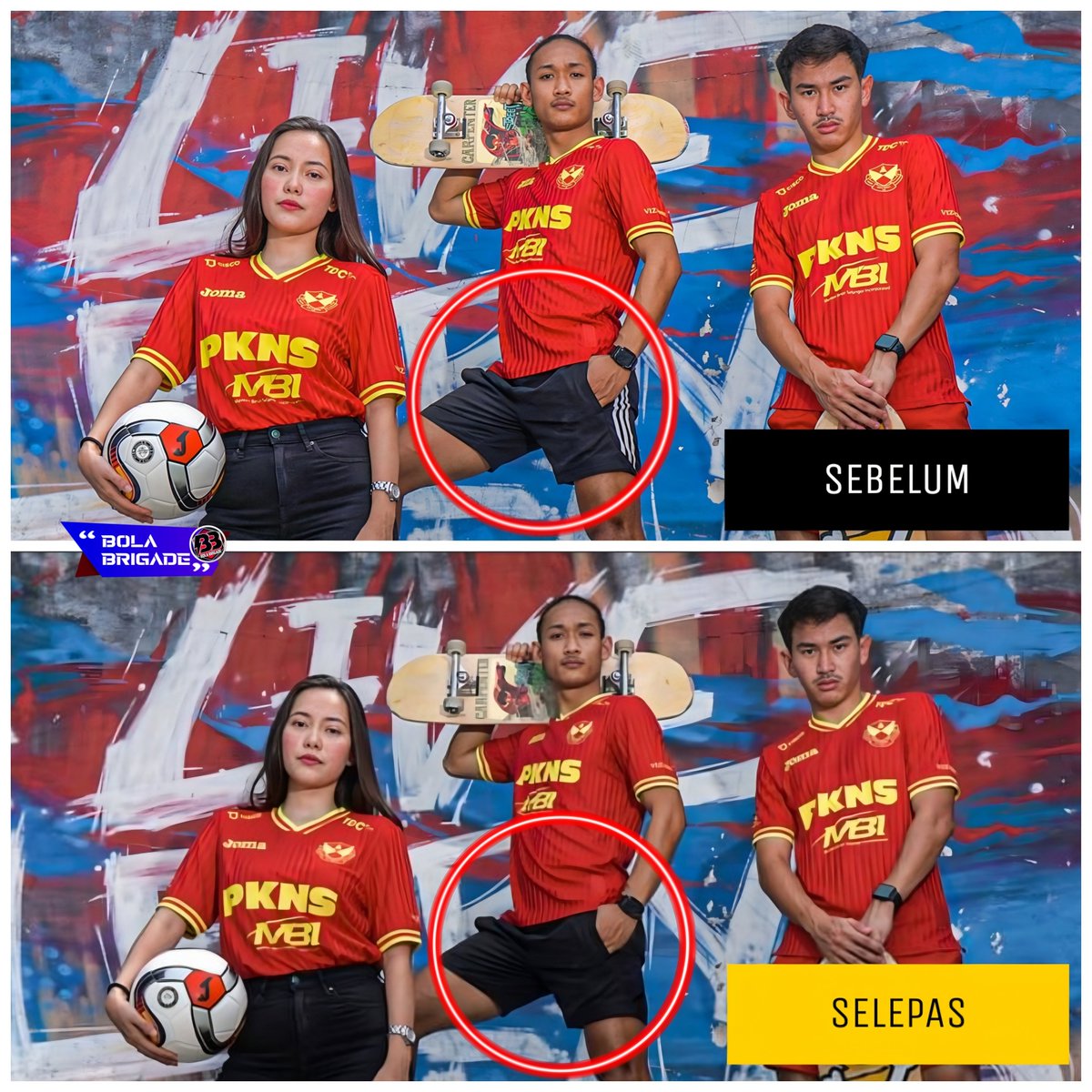 BolaBrigade's tweet photo. Recap. Pada pelancaran jersi Joma musim 2022, salah seorang model Selangor FC dilihat memakai seluar Adidas. Tidak lama kemudian, hantaran tersebut dipadam sebelum dimuat naik semula dengan imej yang telah disunting bagi menghilangkan seluar berjenama Adidas. https://t.co/Kuj8eJHRDN