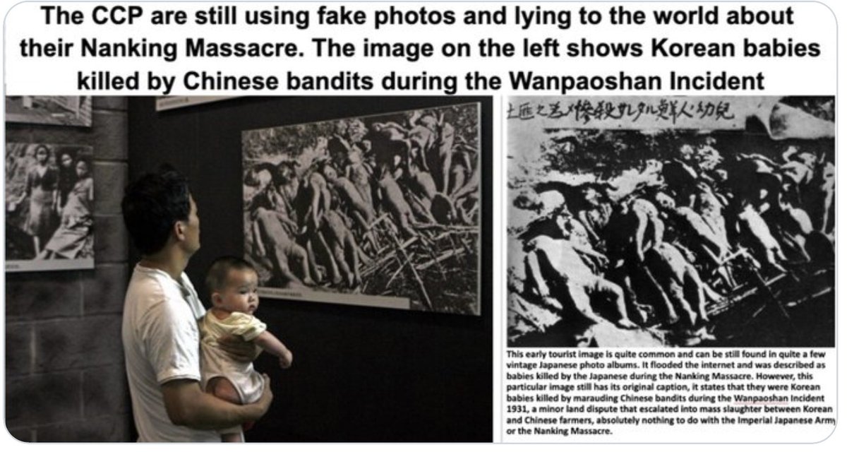 WeShuggie's tweet photo. China is still using an image of a massacre they themselves committed, calling it the Nanking Massacre. 
I call China liars!
The images show the Wanpaoshan Incident, a minor land dispute between Korean and Chinese farmers that led to the mass slaughter of Korean babies in 1931. https://t.co/WeSj5dimED