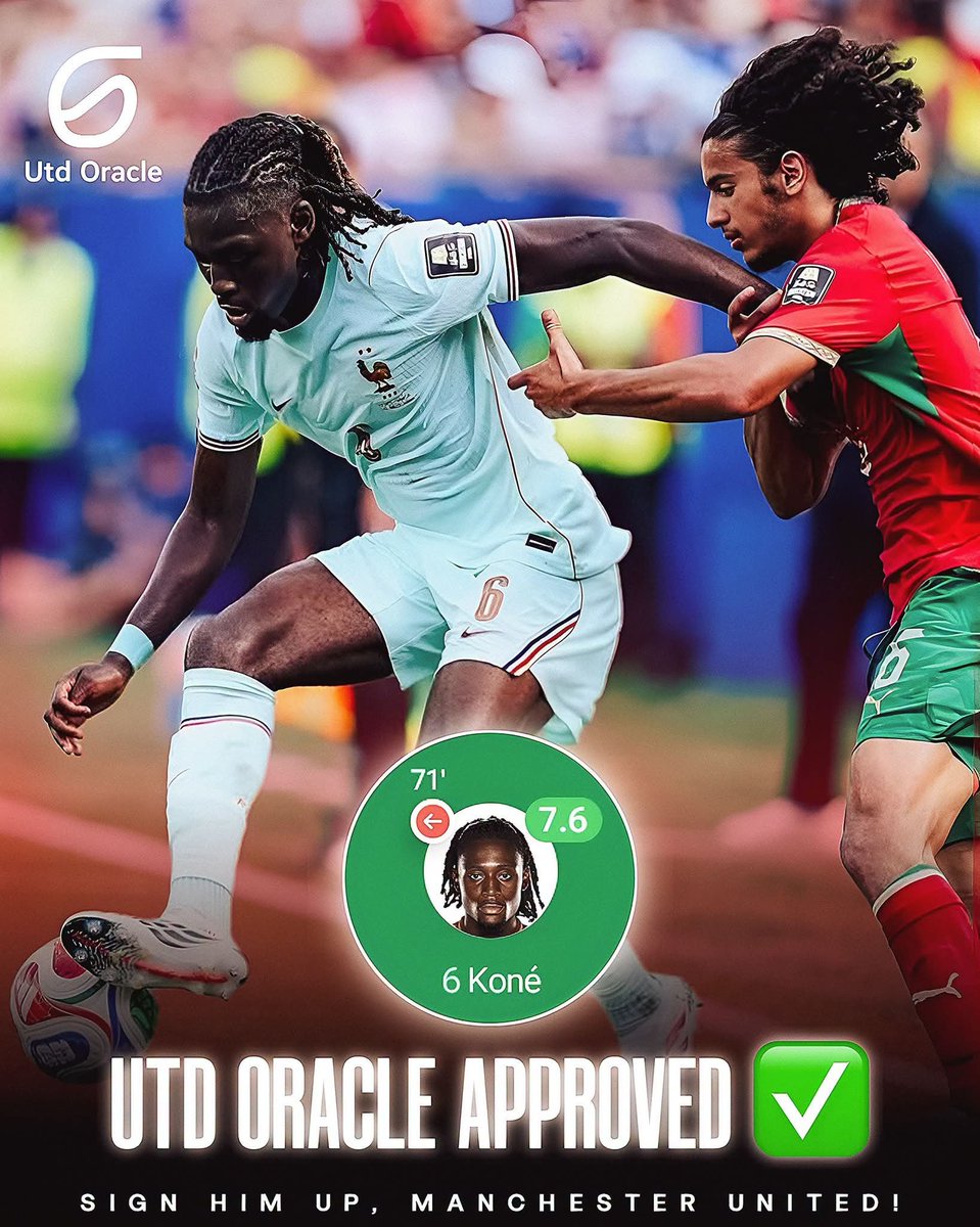 DalotKuami's tweet photo. 🚨 Manchester United’s latest target Manu Koné completely bossed Morocco, proving he is the exact midfield general we need. 🇫🇷

I’ve seen completely enough. If INEOS and Michael Carrick needed any final proof that Manu Koné is the real deal, his masterclass against the Almighty Morocco in that World Cup Quarter-final was it. 📌

📊 Manu Kone in 70mins Morocco:
•96% pass accuracy 
•9 carries 
•3 duels contested 
•3 duels won
•2 fouls won
•6 Recoveries 
•1 chance created 
•1 progressive carry 

To step into the engine room under that kind of intense pressure and completely run the show for 71 minutes takes serious elite mentality. 🧠

Morocco’s midfield is famous for being a relentless, physical brick wall, but Koné absolutely dictated the tempo, glided past their press, and broke up play like an absolute seasoned veteran. He made a high-stakes knockout game look like a training session. 😫

I’m fully sold. Forget the hesitation, hijack those Arsenal terms, and pay Roma whatever they want. Bring this baller to Old Trafford immediately—he is exactly what we need to spearhead the new era! 🔴💼