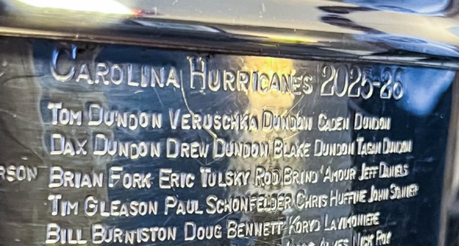 KDPomp's tweet photo. Carolina #Hurricanes owner Tom Dundon had the names of his entire family engraved into the Stanley Cup. 

His name = yes

His family = NO

It’s about the players and staff. 

I thought the NHL would have a protocol on this. 

The family will get rings or necklaces. But, should NOT get this 

Its a bad look 

Thoughts?