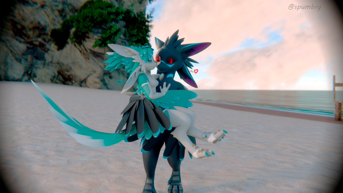 spumbry's tweet photo. On a walk with @/Teabirdie 
With some uppies and loving gazes! 

You think this gentlevali rizzling the vali???

#avali #furry #furryrender https://t.co/CxfsqcU0Xx