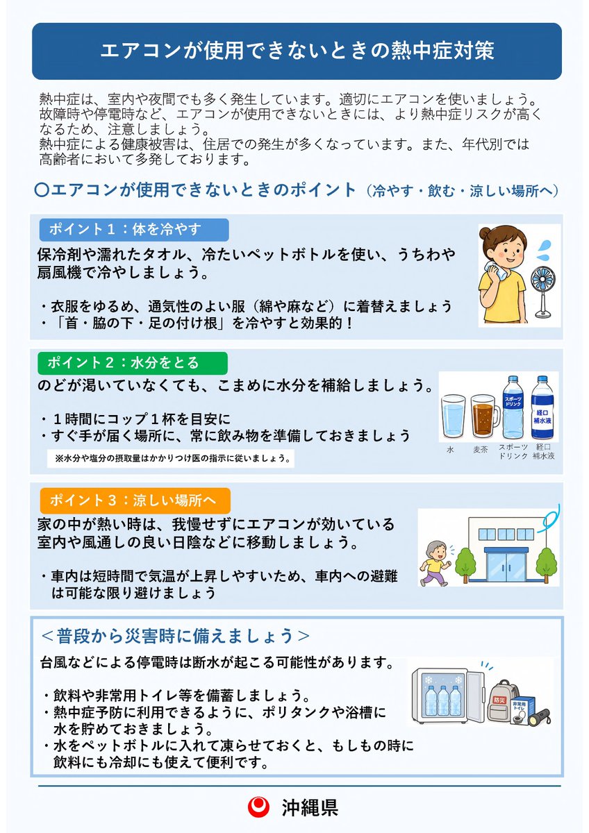 okinawa_pref's tweet photo. 【エアコンが使用できないときの熱中症対策】

台風が接近した場合、停電によりエアコンが使用できなくなる可能性があります。
事前に準備した保冷剤や濡れたタオル、うちわを使い、体を冷やす（首や脇の下、足の付け根）、こまめに水分を補給するなど、室内での熱中症対策を心がけましょう！ https://t.co/2cKqxaNJX1