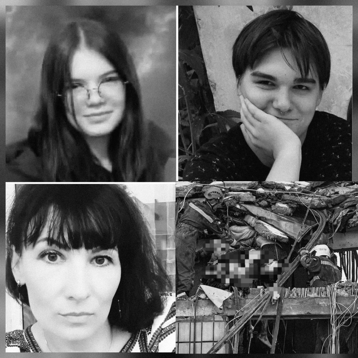 NAFOvoyager's tweet photo. russia killed them.

On July 6, a russian missile struck an ordinary apartment building in Kyiv.

Under the rubble, rescuers found:
🕯️ 20-year-old Olha Antoniuk, a makeup artistry student.
🕯️ Her 19-year-old fiance, Bohdan Nykyforov.
🕯️ Olha's 48-year-old mother, Tetiana Hardadina.

They were planning their wedding. Bohdan had moved to Kyiv to be with Olha. Her father had already been killed defending Ukraine in 2024. Now russia has wiped out the rest of the family.

Moments before the strike, Olha texted her sister: "We're running to the shelter."

It was her last message.

They were supposed to get married.

Instead, they were buried together.

They had names, dreams, and people who loved them. russia took all of that away.