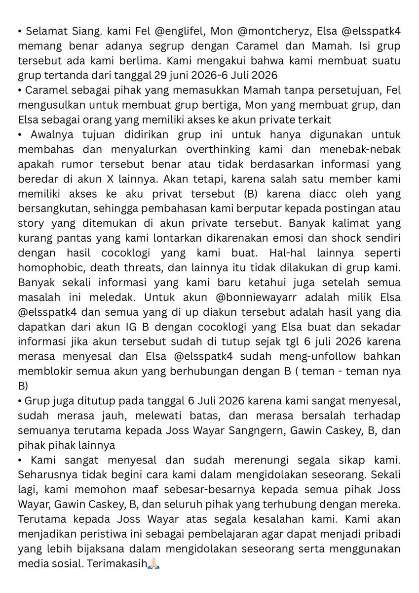 montcheryz's tweet photo. Selamat Siang semuanya. Terkait info yang beredar akhir-akhir ini izinkan kami memberikan beberapa informasi

Mohon maaf kepada Joss Wayar Sangngern, Fluke Gawin Caskey, dan beberapa pihak terkait. Mohon maaf dan Terimakasih🙏🏻 https://t.co/VoAiQKonW0
