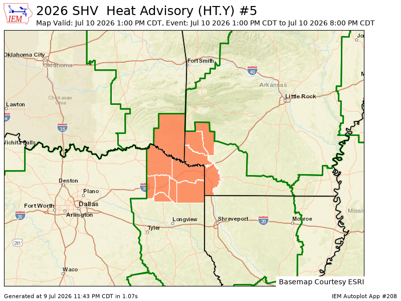 WxGarrison's tweet photo. SHV continues Heat Advisory valid at Jul 10, 1:00 PM CDT for Howard, Little River, Miller, Sevier [AR] and McCurtain [OK] and Bowie, Camp, Cass, Franklin, Morris, Red River, Titus [TX] till Jul 10, 8:00 PM CDT https://t.co/YMr6t7tEex https://t.co/AVuHGqW5Zn