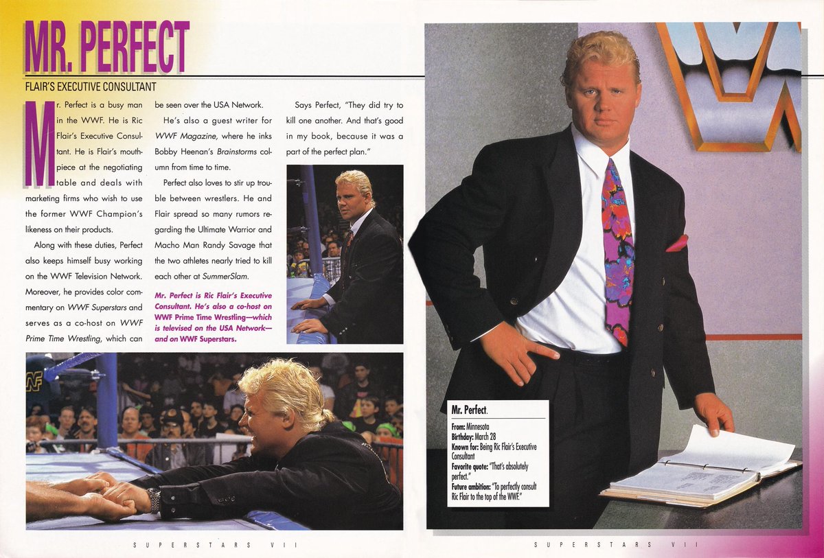 WWFWrestling1's tweet photo. Profile of Mr. Perfect from the 1992 WWF Superstars VII Magazine! 👌🏻 #WWF #WWE #RicFlair #CurtHennig #MrPerfect https://t.co/QVzfcIvkmy