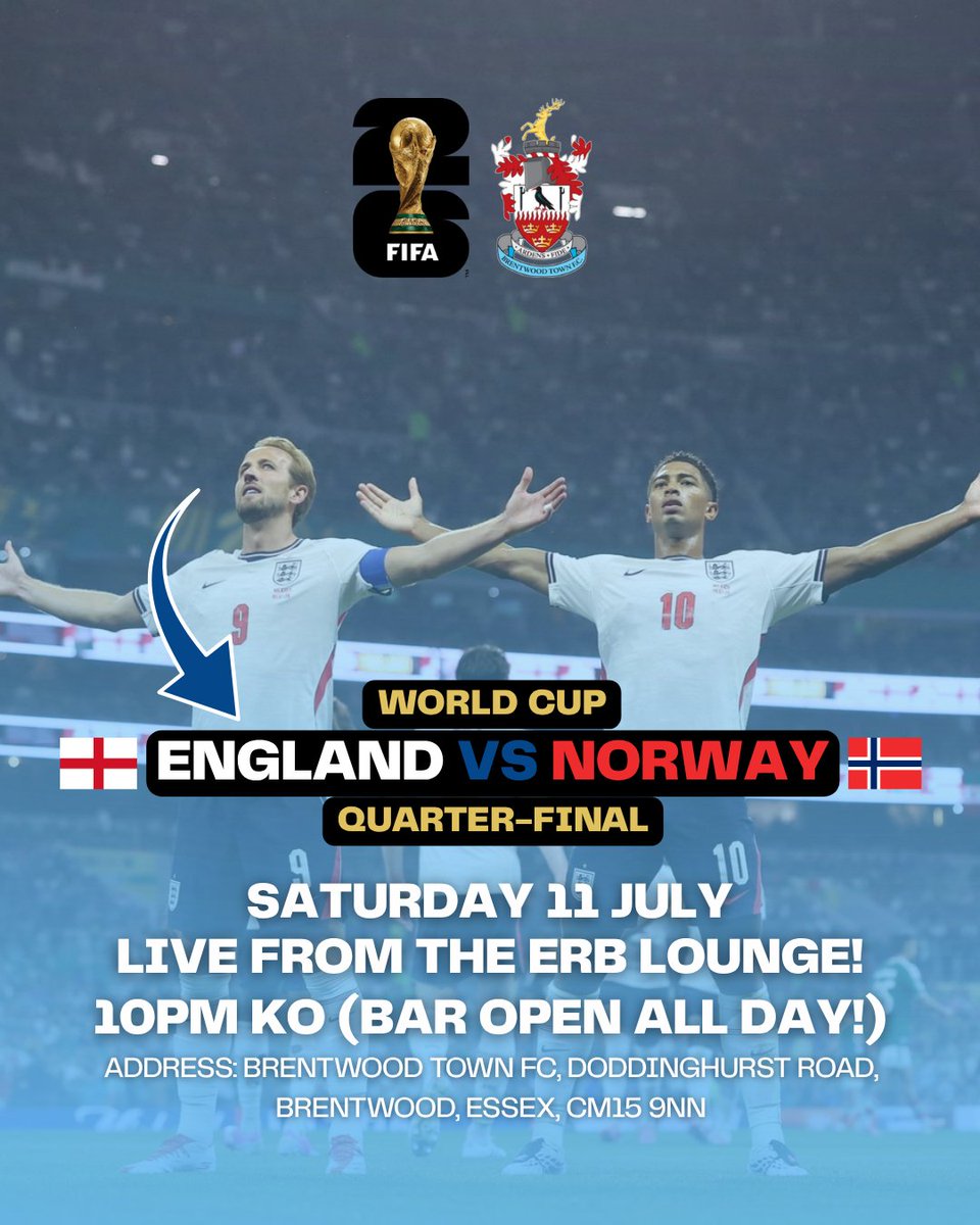 BrentwoodTownFC's tweet photo. 🏴󠁧󠁢󠁥󠁮󠁧󠁿 𝗖𝗢𝗠𝗘 𝗙𝗢𝗥 𝗧𝗛𝗘 𝗕𝗟𝗨𝗘𝗦, 𝗦𝗧𝗔𝗬 𝗙𝗢𝗥 𝗧𝗛𝗘 𝗧𝗛𝗥𝗘𝗘 𝗟𝗜𝗢𝗡𝗦! 🦁🦁🦁

What a Saturday we’ve got in store! 🤩

⚽ Brentwood Town 🆚 @HullbridgeFC – 3pm KO
🎟 Adults £7 // Concessions £5 // Next Gen £2 // U17s FREE (with a paying adult)

𝗧𝗛𝗘𝗡, 𝗙𝗢𝗟𝗟𝗢𝗪𝗜𝗡𝗚 𝗙𝗨𝗟𝗟-𝗧𝗜𝗠𝗘... 👀

🏆 England 🆚 Norway – World Cup Quarter-Final – 10pm KO
📺 LIVE on the big screens in the ERB Lounge

🍻 Bar open ALL DAY!

Make a day of it at The Arena!

#UpTheWood 🩵🪵