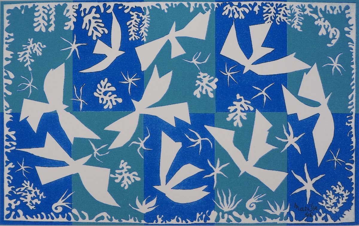 artistmatisse's tweet photo. Polynesia, The Sea (1946) translates memories of Tahiti into a tapestry design of white cut-out forms on blue. Matisse visited the Pacific in 1930 but waited 16 years to distill the experience, demonstrating how time can transform observation into abstraction. #artbots #matisse https://t.co/ZzRCabWjLH