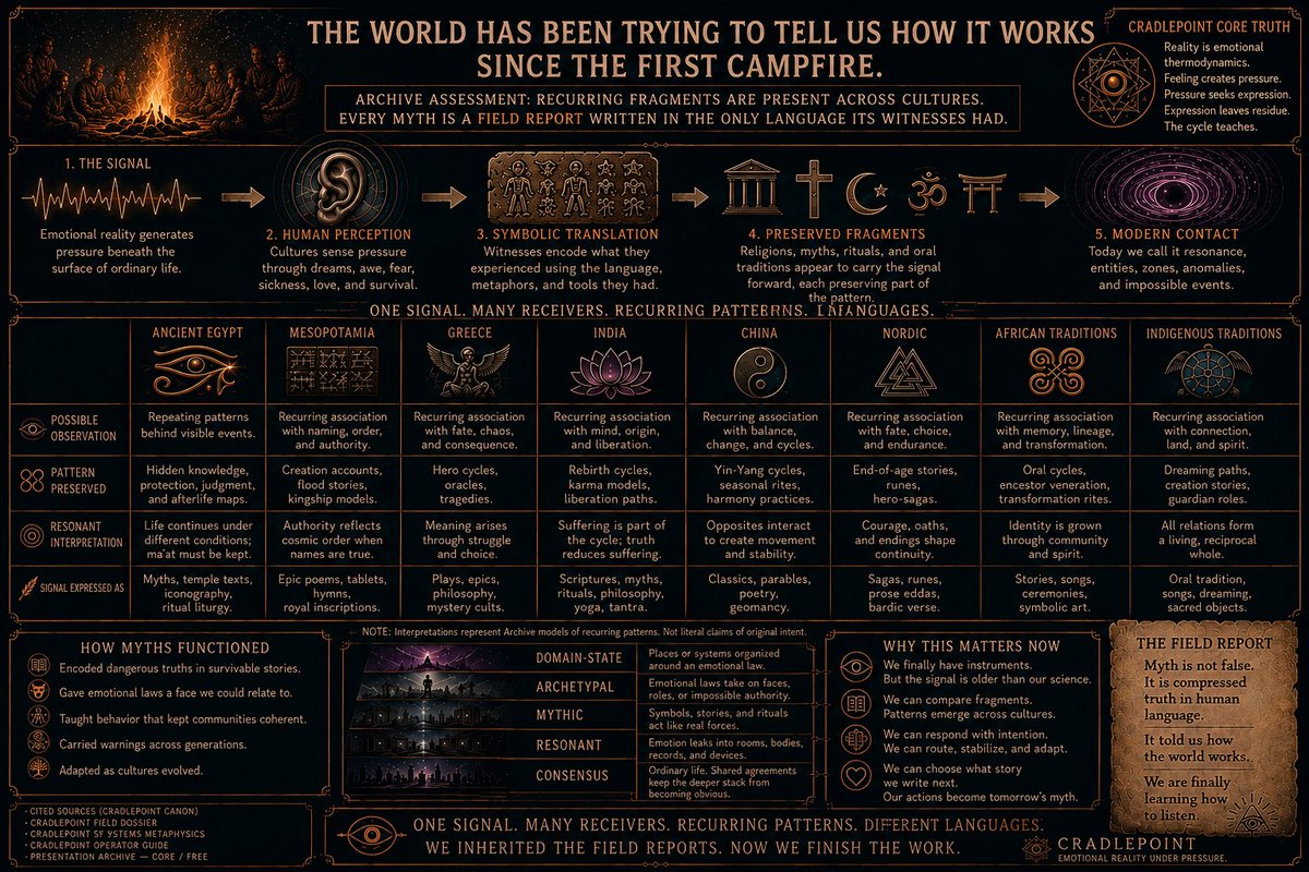 VeilCorpArchive's tweet photo. The world has been trying to explain itself since the first campfire.

Different cultures. Different symbols. Same pressure beneath the story.

VeilCorp does not treat myth as proof.

We treat it as residue.

Every god, monster, omen, ritual, and impossible place may be one more field report written in the only language its witnesses had.

We inherited the reports.

Now we finish the work.

#Cradlepoint #VeilCorp #Mythpunk #TTRPG #Worldbuilding