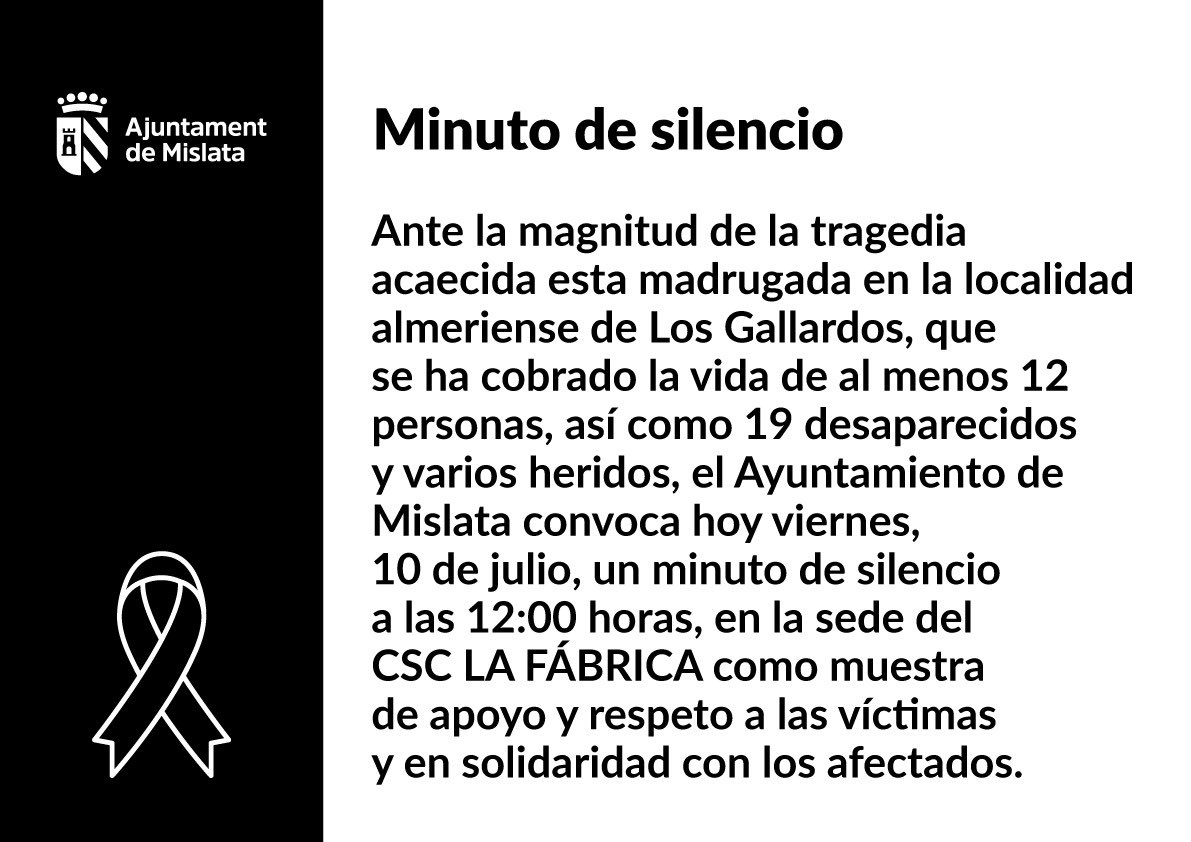 AjMislata's tweet photo. El Ayuntamiento de Mislata convoca a la ciudadanía a guardar un minuto de silencio en memoria de las víctimas del trágico suceso ocurrido esta madrugada en Los Gallardos (Almería).

📅 Hoy, viernes 10 de julio
🕛 12:00 h
📍 CSC La Fàbrica https://t.co/rsO161PxHL