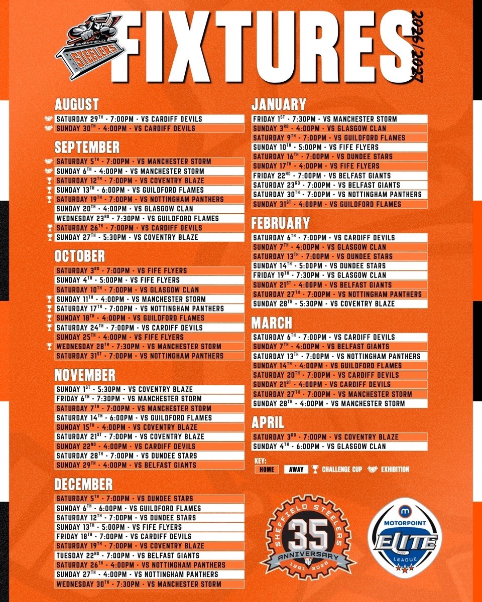 steelershockey's tweet photo. Get your diaries out, Sheffield.. Here’s our fixtures for the 2026/27 Motorpoint Elite Ice Hockey League season 🍊🏒
Read more here : https://t.co/4q9BwlrYKM
#InOrangeWeTrust | #SteelersHockey https://t.co/npsw3BiFW0