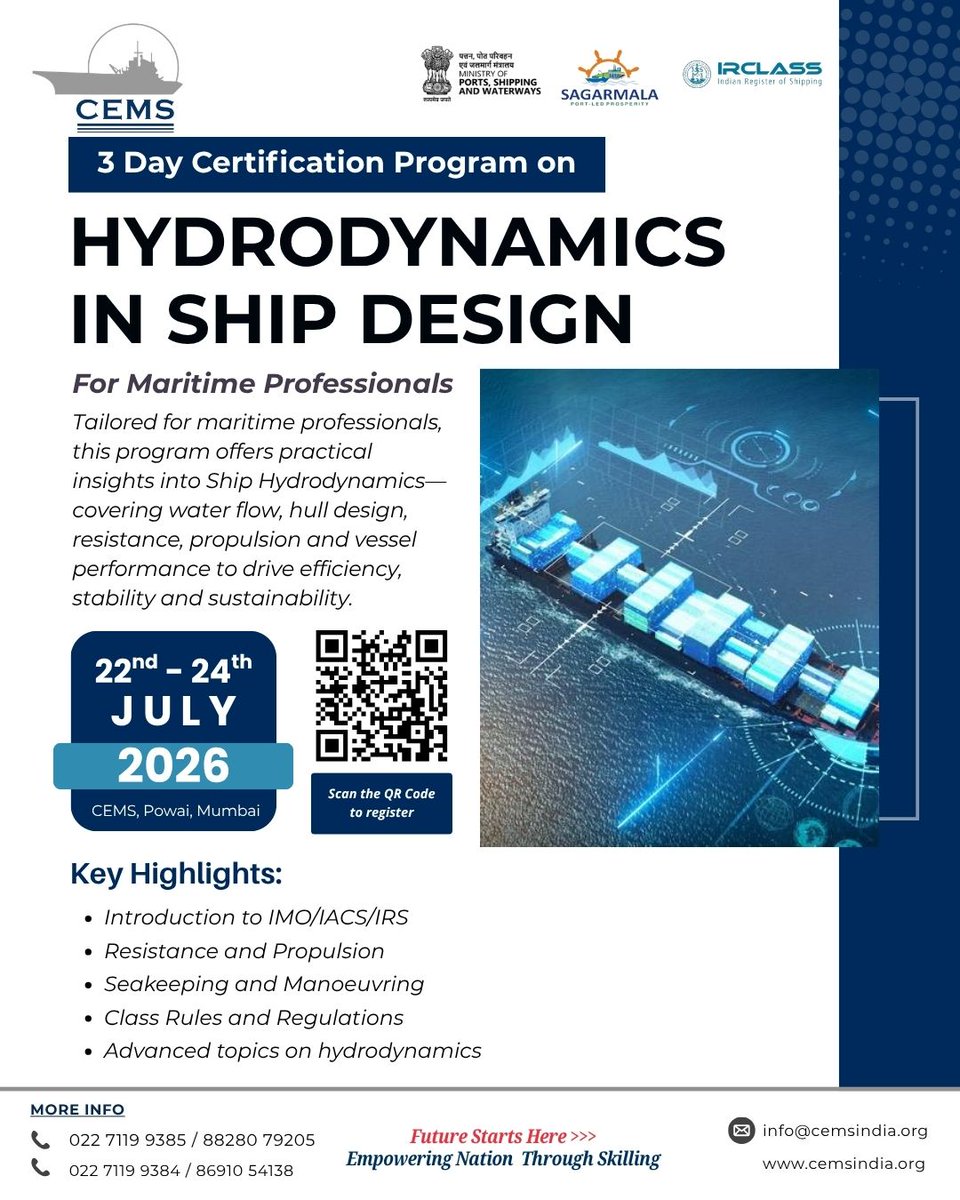 irclass's tweet photo. Master the Fundamentals of Ship Hydrodynamics. @cems_in  &amp; @irclass Academy invite maritime professionals to participate in a 3-Day Certification Program on Hydrodynamics in Ship Design.
📅 22–24 Jul 2026, CEMS,Mumbai
Register now- https://t.co/jNHKRGd8P0
#Training #maritime https://t.co/hMR5l8WWOx