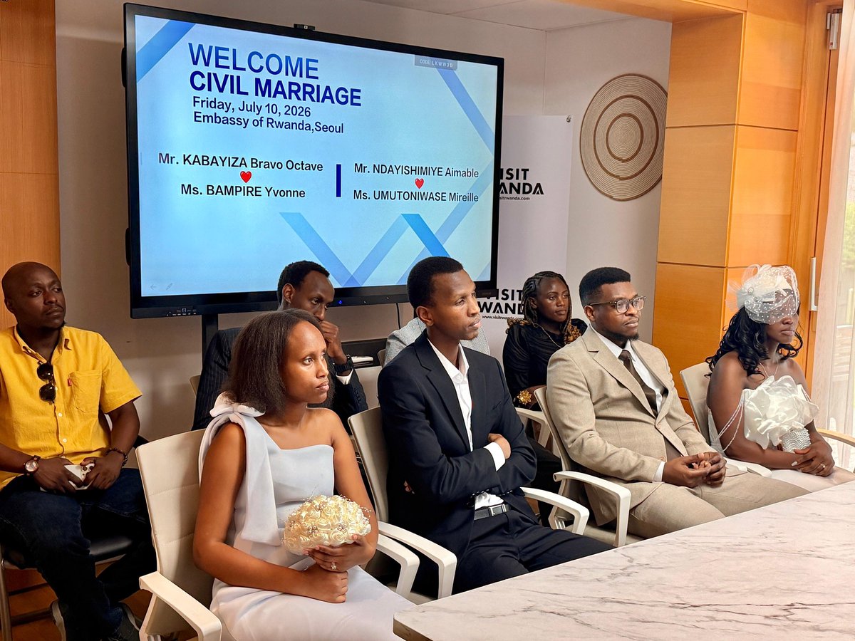 RwandainKorea's tweet photo. The Embassy of the Republic of Rwanda in the Republic of Korea was honored to officiate today the civil marriage ceremony, celebrating the union of two Rwandan couples living in Korea.

We extend our heartfelt congratulations to the newlyweds Mr. Kabayiza Bravo Octave & Ms. Bampire Yvonne as well as Mr. Ndayishimiye Aimable & Ms. Umutoniwase Mireille, as they respectively begin a new chapter together. 

May their marriages be filled with love, joy, mutual understanding, and lasting happiness.

@RwandaMFA 

#rwandainkorea #civilwedding #rwandancommunityabroad