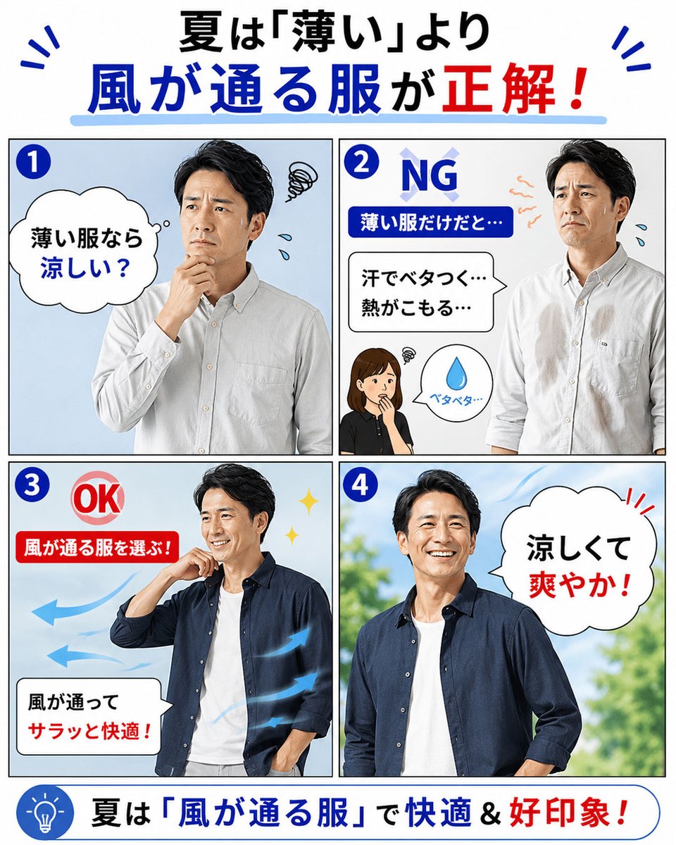 menz_style's tweet photo. 暑くなると、
「少しでも薄い服を。」
そう選んでしまう方も多いと思います。

でも実は、
夏の快適さを左右するのは、
薄さだけではありません。

今年の夏は、
"風が通る服"を選ぶだけ。

#イケオジファッション
#メンズファッション
#40代ファッション
#50代ファッション https://t.co/XAXCCZ2qLM