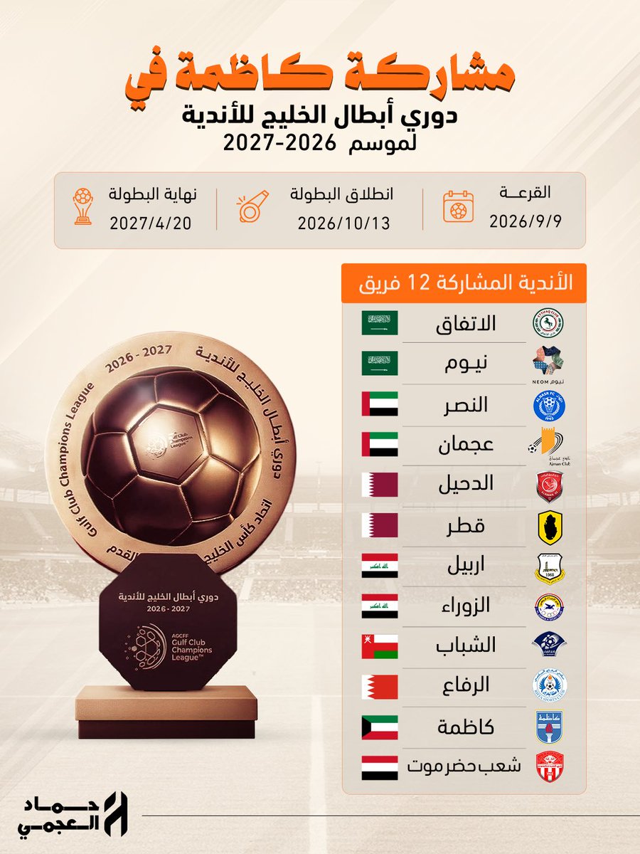 BoSaif_ALAjmi's tweet photo. 🔸 كاظمة يعود إلى الساحة الخليجية ، بمشاركته في دوري أبطال الخليج للأندية 2026-2027 .

#كاظمة https://t.co/mQwQT1lTI2