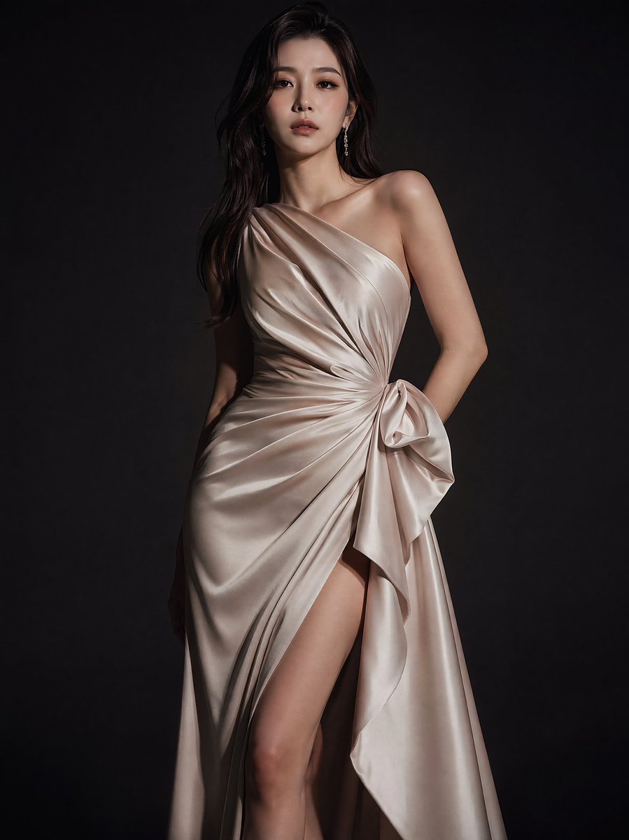 itxabdullaa's tweet photo. GPT Image 2 on @renoiseai

Prompt:
A  stunning young Korean woman in a high-end fashion studio photoshoot, standing confidently against a seamless dark charcoal backdrop. She wears an elegant couture evening gown crafted from luxurious satin and silk, perfectly tailored with sophisticated details, flowing silhouette, and refined textures. Minimalist studio environment with no distracting props, all attention directed toward her beauty, posture, and presence.
Cinematic low-key lighting setup with a single large softbox creating soft highlights across her face and outfit, subtle rim light separating her from the background, deep shadows, dramatic contrast, and moody editorial atmosphere. Natural skin texture, flawless makeup, glossy hair styled elegantly, captivating expression, graceful pose, fashion magazine cover quality.
Ultra-realistic DSLR photography, premium luxury fashion editorial, shallow depth of field, 85mm lens, f/1.8, tack-sharp focus on the model, background fading into darkness, exceptional fabric detail, realistic lighting falloff, rich tonal depth, cinematic color grading, Vogue-style photoshoot, masterpiece composition, photorealistic, RAW photo quality, 8K resolution, highly detailed, professional studio fashion campaign.