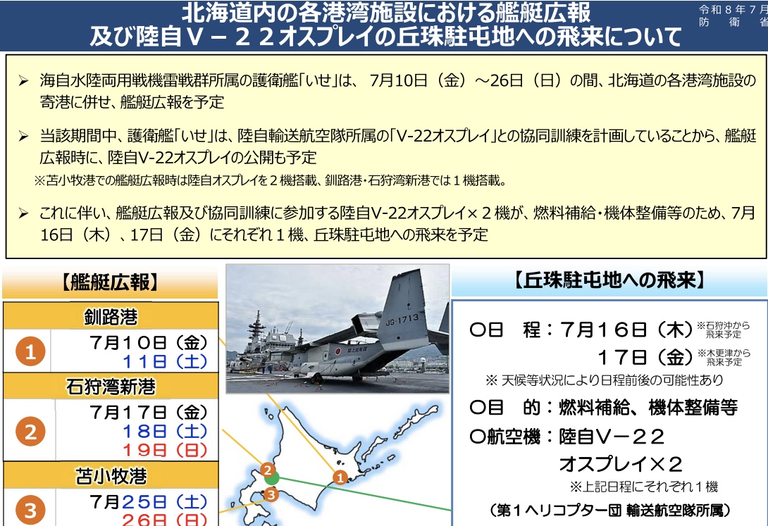 札幌市 日米共同訓練等 陸上自衛隊V-22オスプレイの丘珠駐屯地への飛来