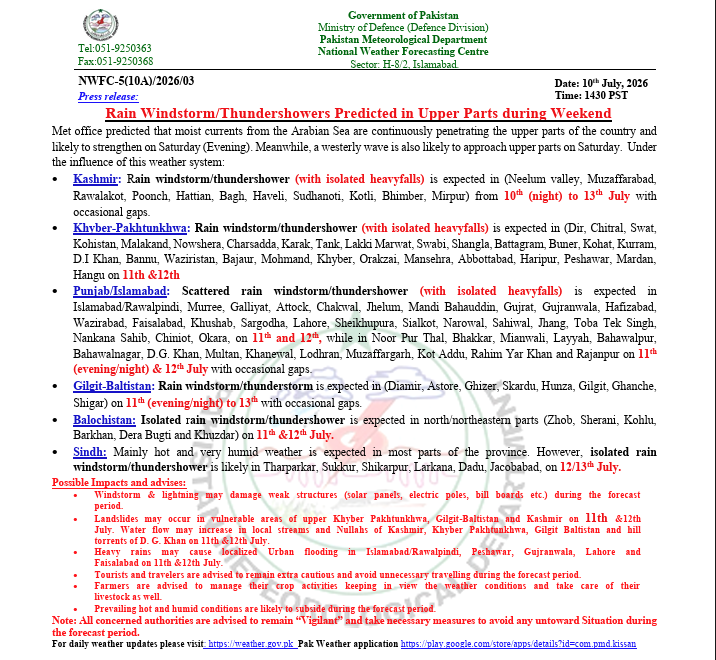 pmdgov's tweet photo. Rain Windstorm/Thundershowers Predicted in Upper Parts during Weekend
#PMD #pmdweather #monsoon #monsoonrain #pressrelease #FloodSeason2026 #PakistanMeteorologicalDepartment #FloodForecasting #FFDLahore #Monsoon2026 #WeatherUpdatePK #DisasterPreparedness https://t.co/dpSVoLgsck