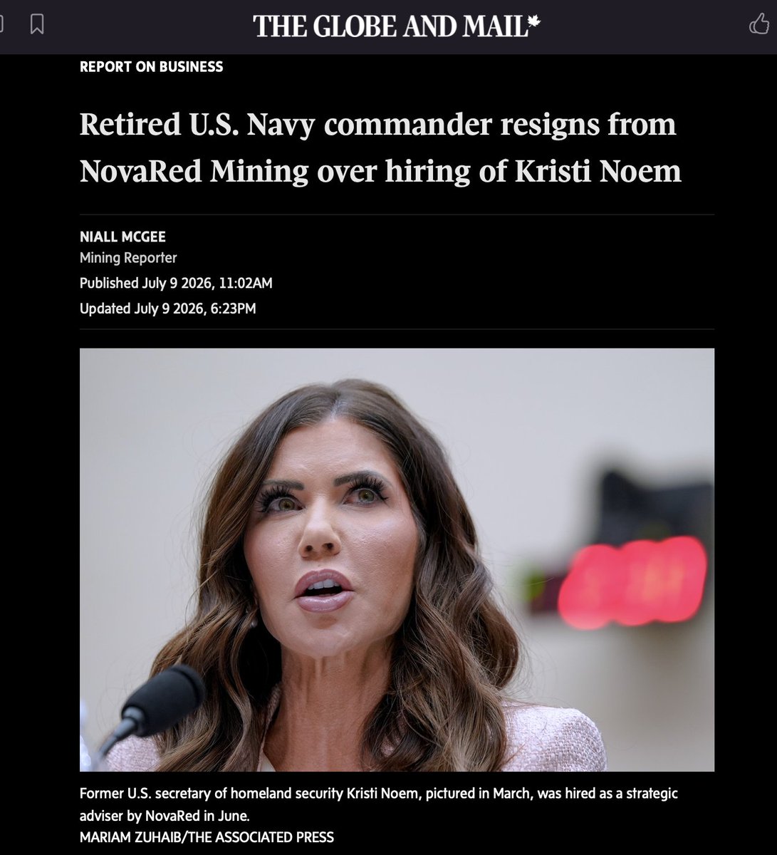 raghu_venugopal's tweet photo. It is a national disgrace a Canadian company - Nova Red Mining - would hire this monster who should never set foot in Canada. @PhilEhr @NovaRedMining @KristiNoem 
https://t.co/BXDuN48kMl https://t.co/7kl0wldPJn