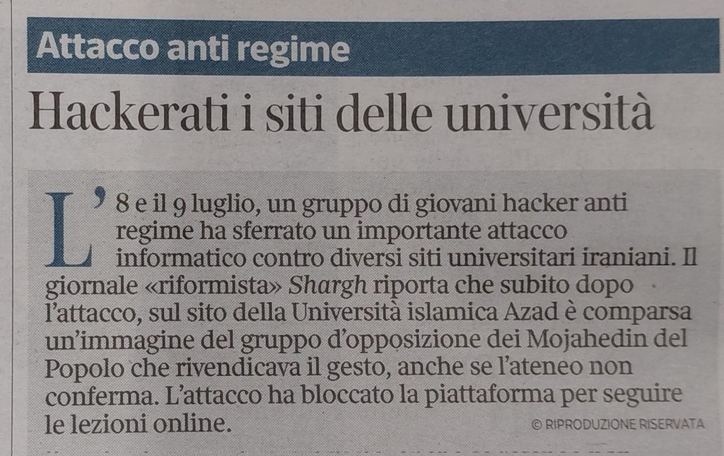 GiulioTerzi's tweet photo. "Attacco antiregime. Hackerati i siti delle universita'" , titola il @Corriere , registrando il successi ottenuto dai #MojahedinDelPopolo nell' inserirsi nelle piattaforme delle universita' iraniane .@NCRI @FratellidItalia https://t.co/dMwZn046f4