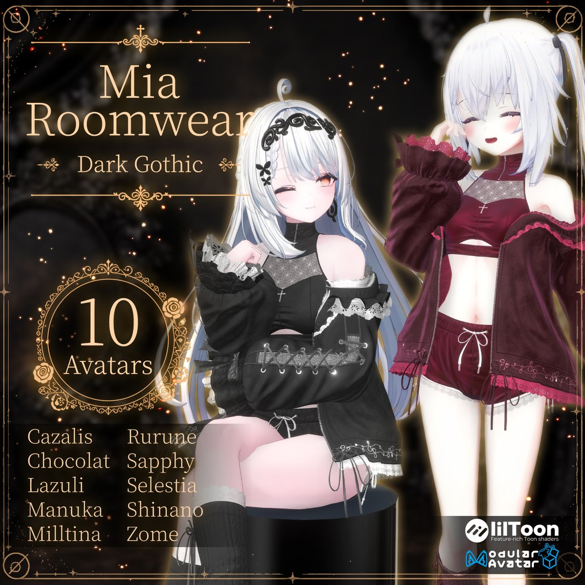 nazal_ami_works's tweet photo. 🌙新作発売＆RPキャンペーン🌙
Mia Roomwear、本日発売！

10アバター対応 / 2系統カラバリ✨
Full Set SALE：2,400→1,900円
フォロー＆RPで3名様にプレゼント🎁
スキ100ごとに＋1名（最大6名）

◆ Mia Roomwear
ゆるく着崩したアウター、レースやフリルの装飾、インナー＆ショートパンツを組み合わせた、VRChatアバター向けルームウェアです。

Dark Gothicは黒・ボルドー系を中心に、少し大人っぽくリッチな雰囲気に。
Pastel Lightは淡いカラーを中心に、やわらかく明るい雰囲気で着られるカラーバリエーションです。

◆ 対応アバター
カザリス / ショコラ / ラズリ / マヌカ / ミルティナ
ルルネ / サフィー / セレスティア / しなの / ゾメちゃん

◆ 発売記念SALE
単品版：1,400円 → 1,200円
Full Set：2,400円 → 1,900円
期間：7/17 23:59まで

◆ RPキャンペーン
このポストをRPしてくれた方の中から、抽選で3名様に「Mia Roomwear Full Set」をプレゼントします。

応募方法
① @nazal_ami_works をフォロー
② このポストをRP

◆ BOOTHスキで当選枠追加
商品ページのスキ100ごとに、当選枠を＋1名追加します。最大6名様までプレゼント予定です。
気になった方は、ぜひ商品ページでスキを押して応援してもらえると嬉しいです。

応募締切：7/12 20:00まで
当選者様には締切後、DMにてご連絡します。

商品ページはこちら
https://t.co/ZXw2EyI1xy

気に入ってもらえたら、スキ・RPで応援してもらえると嬉しいです
着用写真は #みあno工房 で投稿してもらえると喜びます！

#VRChat #booth_pm #Milltina3D #shinano3D #Rurune3D #manuka3d #カザリス3D #Sapphy3D #Chocolat3D #ゾメちゃん #Lazuli3D #SELESTIA