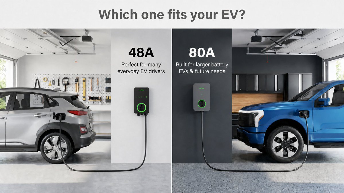 AutelEnergyShop's tweet photo. 48A or 80A? 🤔
The answer is… it depends on your EV.
For many EV owners, 48amp is more than enough for daily driving.
But if you’re driving a large battery EV, a truck, or planning your next EV upgrade, 80amp can give you more flexibility at home.
The “best” charger isn’t always the biggest one. It’s the one that matches your EV and your lifestyle.

#AutelEnergy #80AEVCharger #electricvehicles #EVS #SustainableLiving #DreamGarage