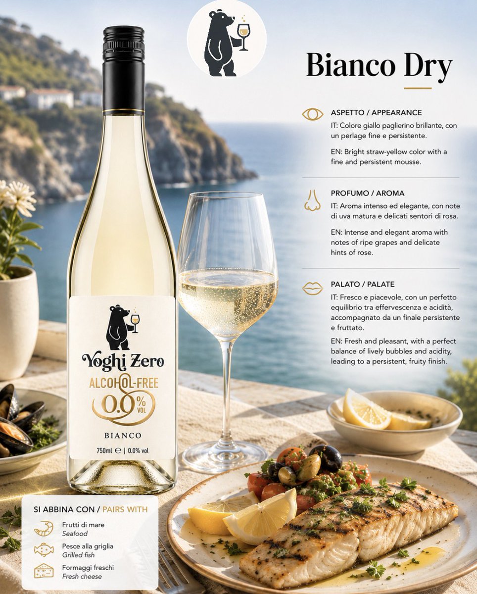 YoghiZero's tweet photo. Raise a glass without the alcohol. 🥂 @YoghiZero Bianco pairs beautifully with every coastal bite.

#YoghiZero #BiancoDry #AlcoholFreeWine #DrinkAlcoholFree #WinePairing https://t.co/zWXXc3yprP