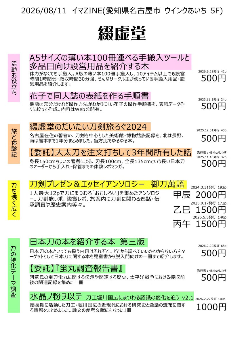 teikyodo's tweet photo. ちょっと早いんですが、8/11 イマZINEのお品書き作りました。
日本刀関連の調べ物をメインにしているサークルですが、同じく出展されている方のお役立ちになりそうな本もあります。
もうちょい日付が近づいたら、どれが名古屋イベント初持込なのかのマークもつけないと… https://t.co/Tl2a35vnZi